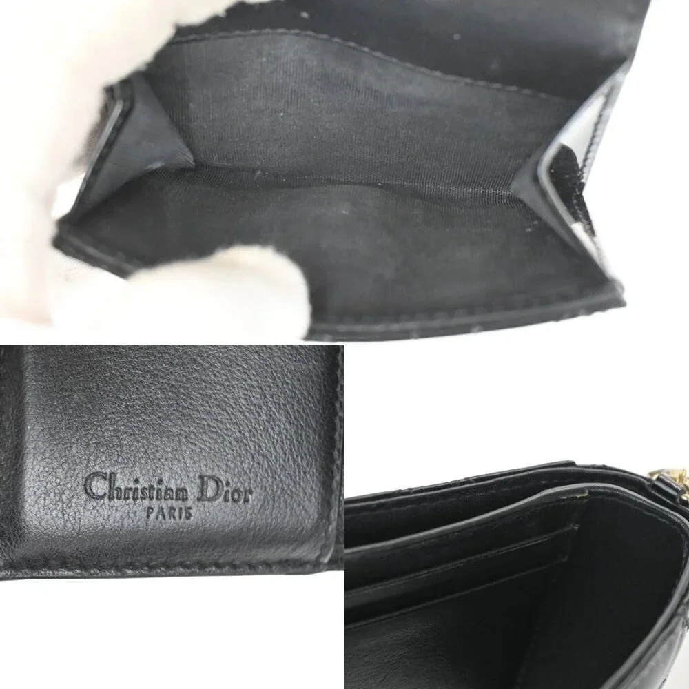 CHRISTIAN DIOR Cannage Trifold Compact Wallet Patent Leather Black GHW 35TA317